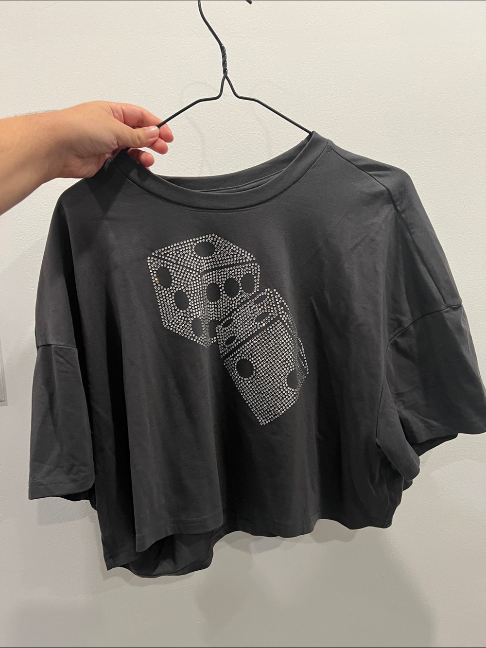 Black Rhinestone Dice Crop Tee - Women Tops